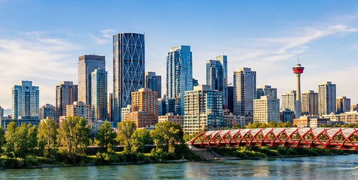 Calgary skyline and the Peace Bridge over the Bow River